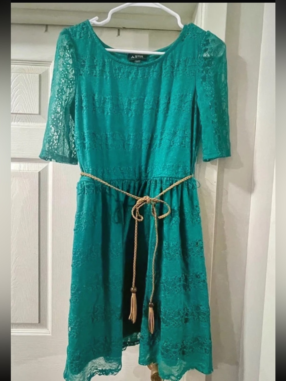 A. Byer Teal Lace Belted Boho Dress Juniors Large L